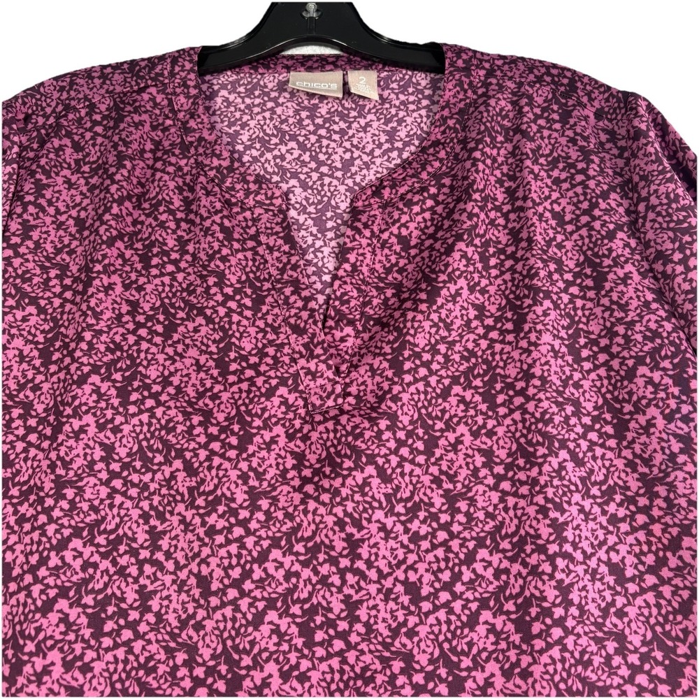 Chicos Tunic Top Women's Large Roll Tab Purple Floral Career Classic